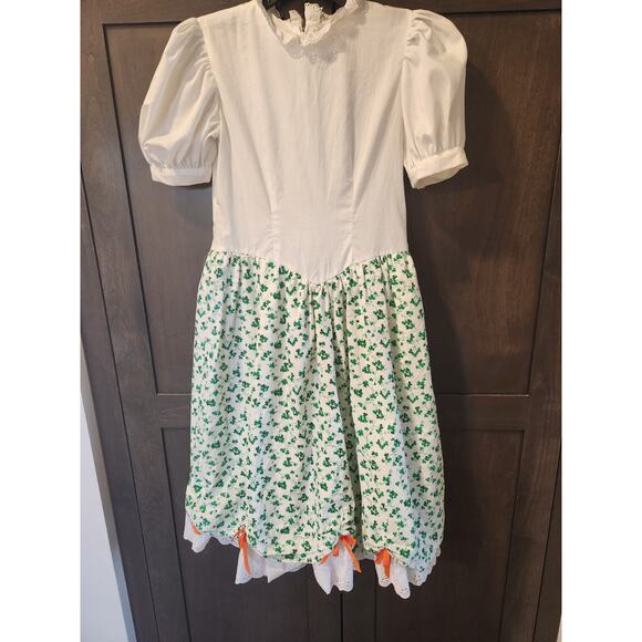 Vintage Green St. Patrick's Day Irish Shamrock Girl's Prairie Dress Puff Sleeves - Picture 10 of 15